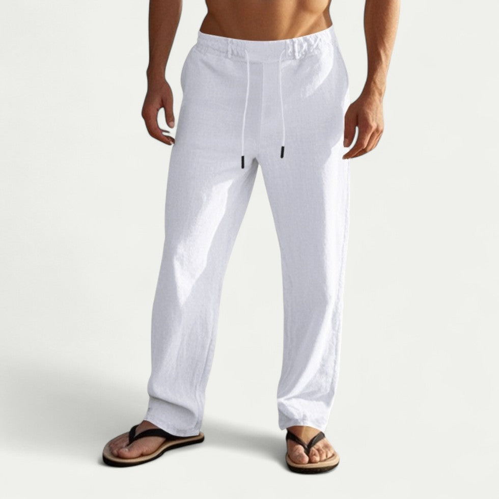 Men's Linen Cotton Drawstring Trousers Lightweight Summer Fit