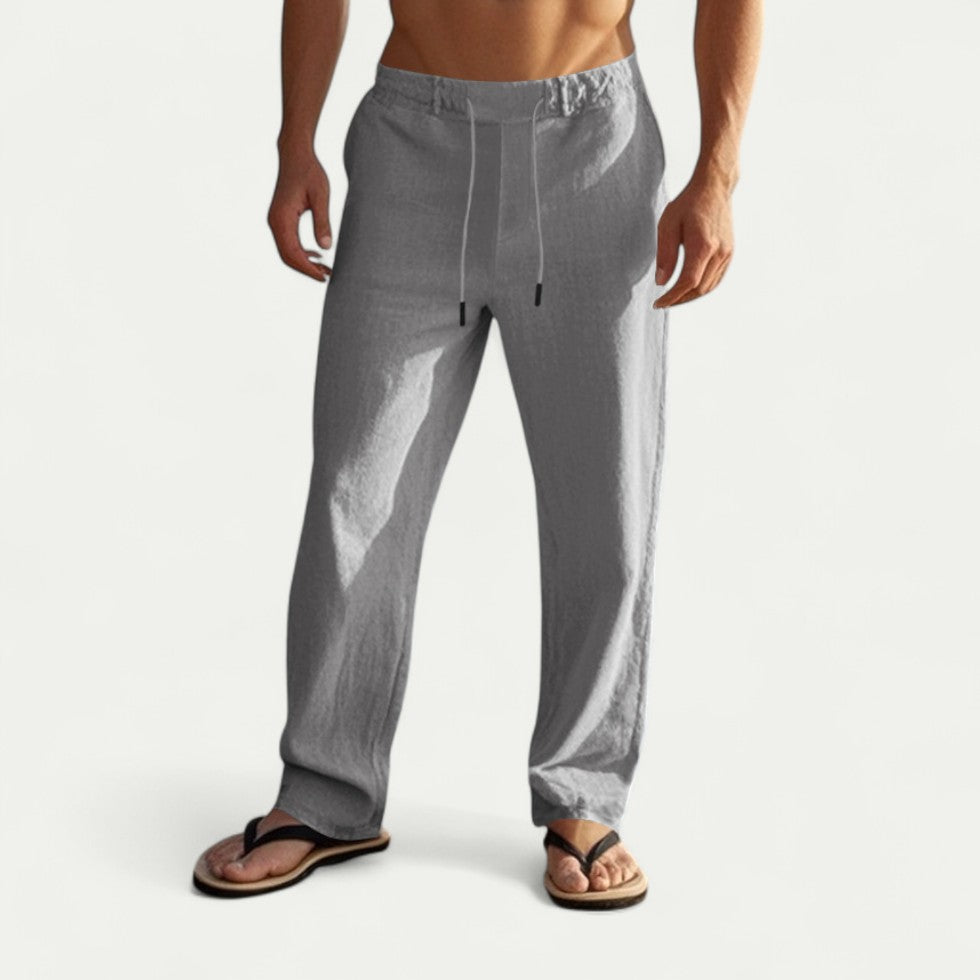 Men's Linen Cotton Drawstring Trousers Lightweight Summer Fit