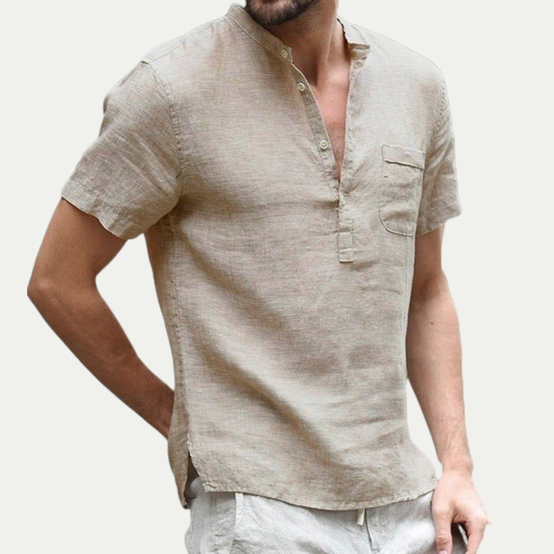 Men Linen Short Sleeve Shirt with Stand Collar