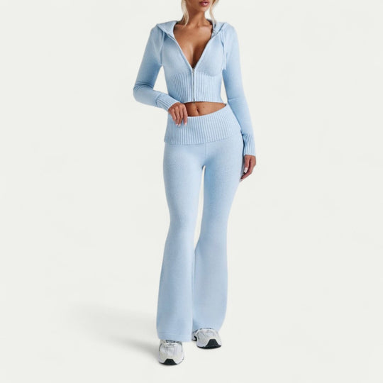Ribbed Zip Up Hoodie and Flared Leggings Co Ord Set