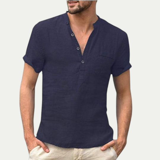 Men Linen Short Sleeve Shirt with Stand Collar