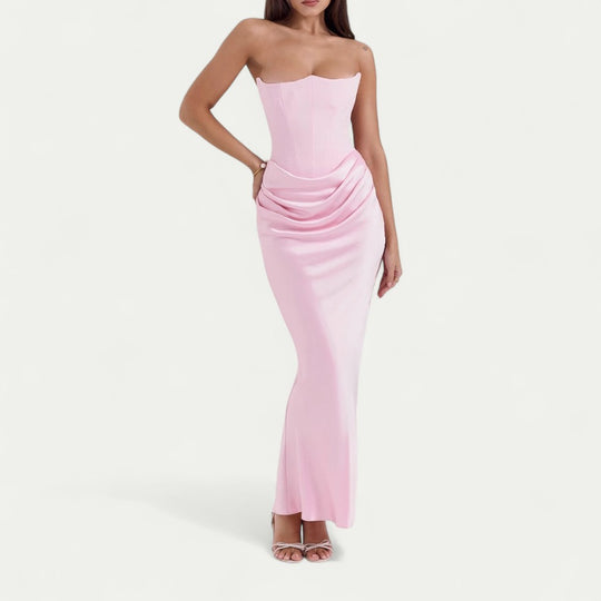 Strapless Satin Gown for Wedding Guest and Formal Events