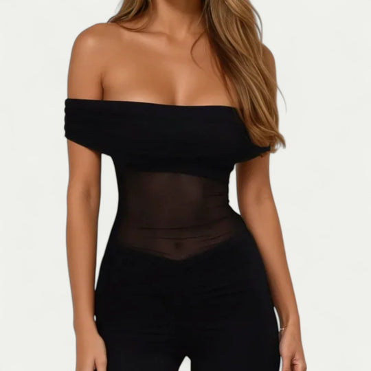 Off Shoulder Mesh Panel Jumpsuit for Evening Glamour