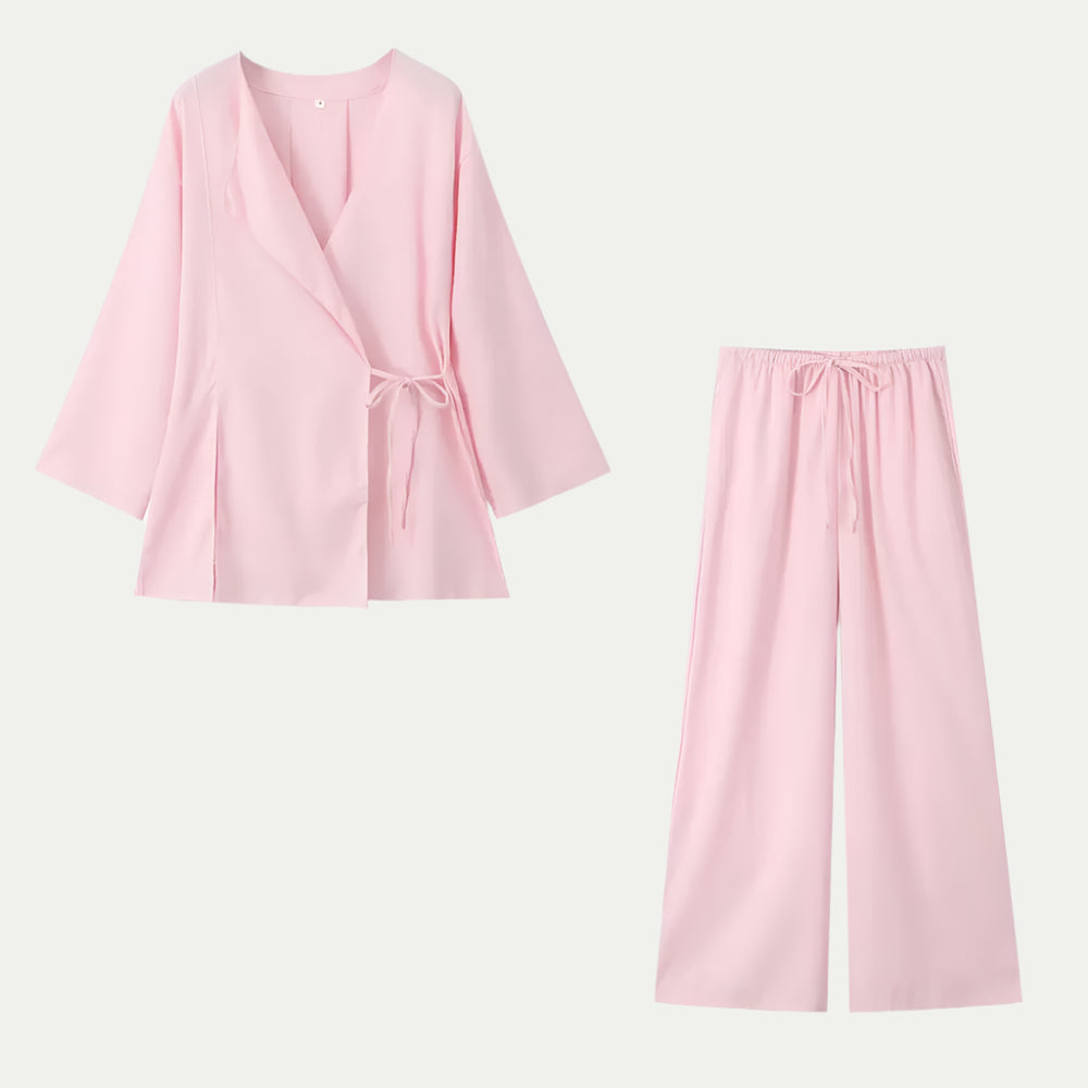 Randimo | Women's Summer Linen Shirt Set  Belted Kimono Top + High Waist Pleated Pants 2-Piece Set