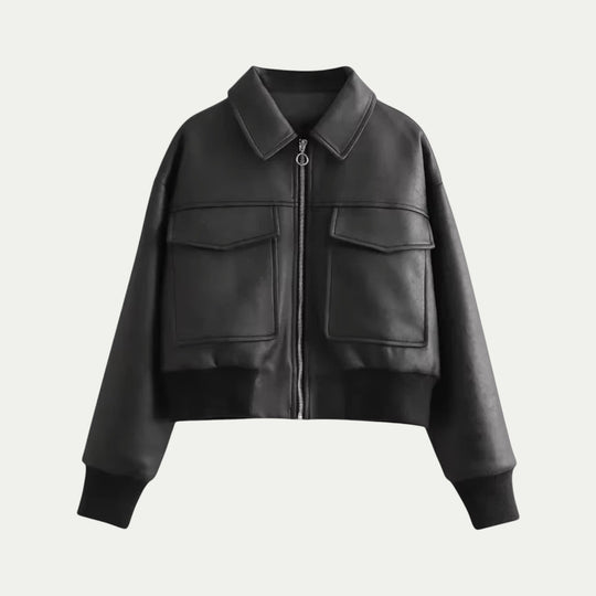 Randimo | Women Cropped Leather Bomber Jacket Black
