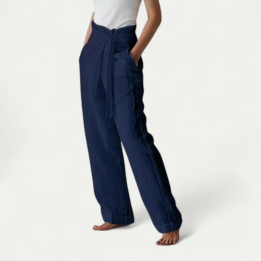 Women Pure Linen Loose Fit Wide Leg Laced Trousers