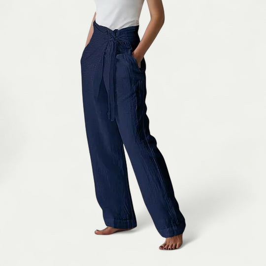 Women Pure Linen Loose Fit Wide Leg Laced Trousers