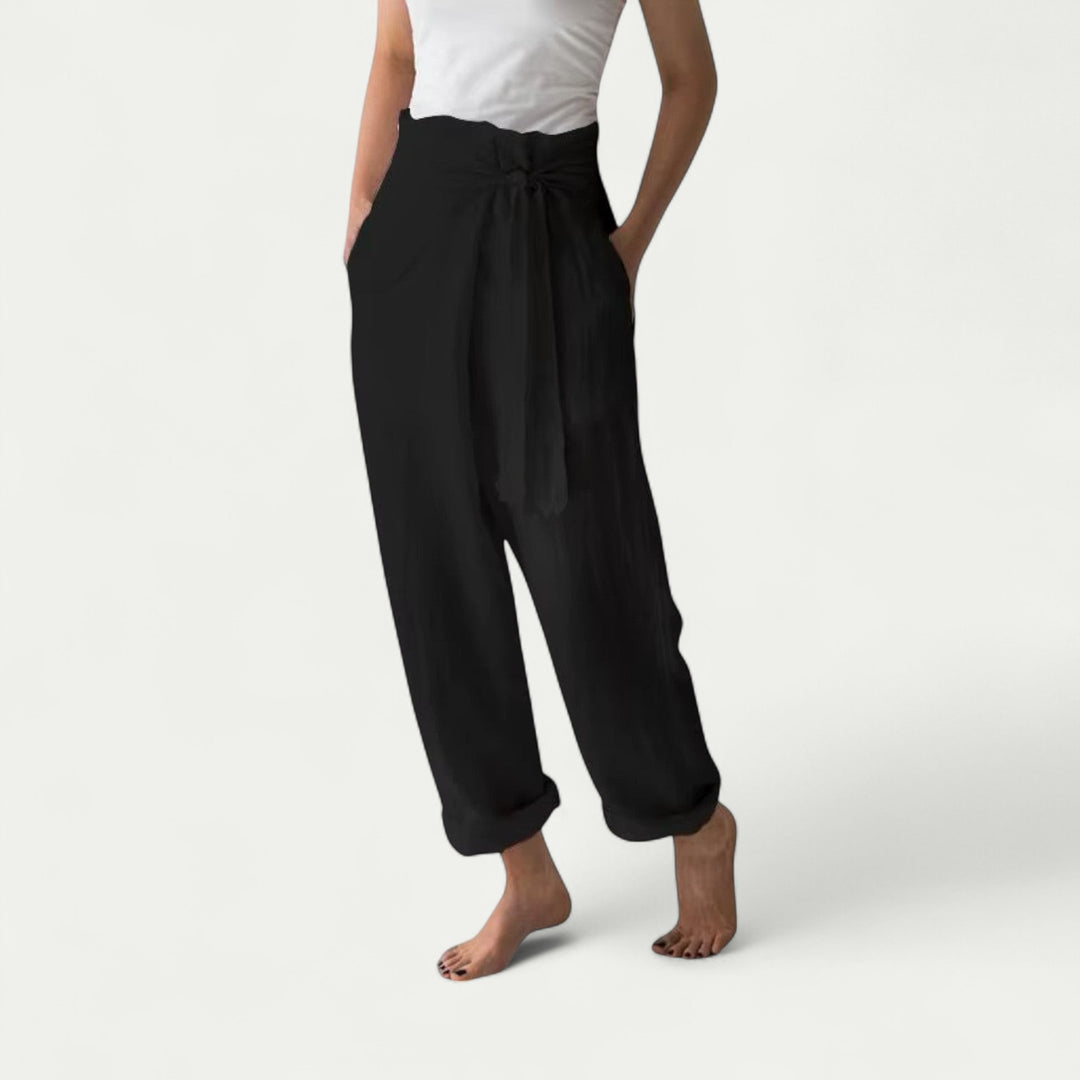Women Pure Linen Loose Fit Wide Leg Laced Trousers