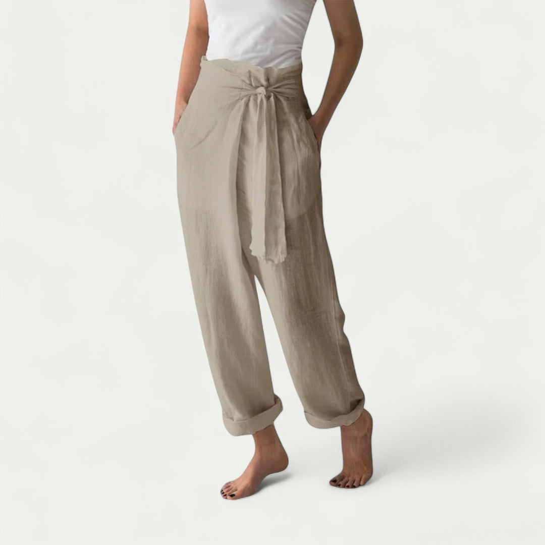 Women Pure Linen Loose Fit Wide Leg Laced Trousers