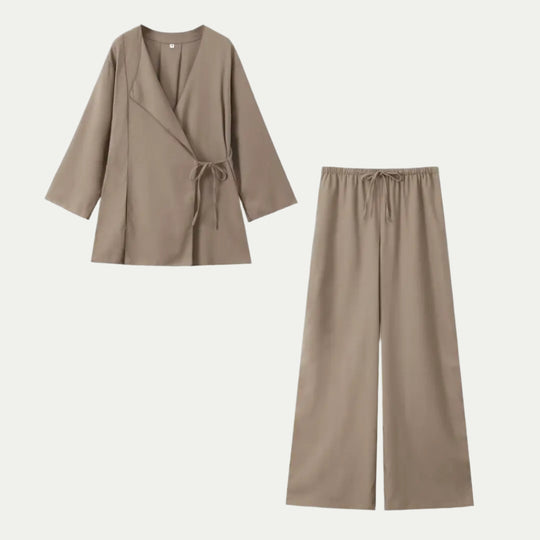 Randimo | Women's Summer Linen Shirt Set  Belted Kimono Top + High Waist Pleated Pants 2-Piece Set