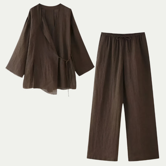 Randimo | Women's Summer Linen Shirt Set  Belted Kimono Top + High Waist Pleated Pants 2-Piece Set