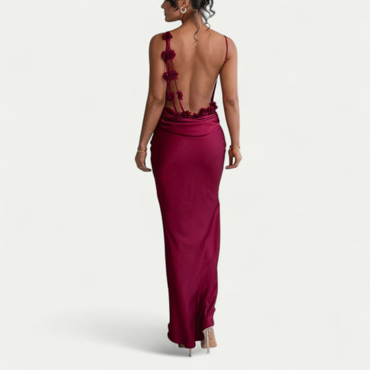 Backless Maxi Dress with 3D Appliqué for Wedding Glamour