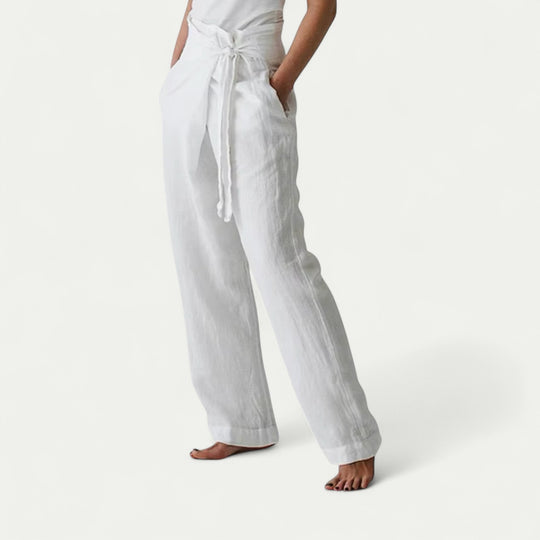 Women Pure Linen Loose Fit Wide Leg Laced Trousers