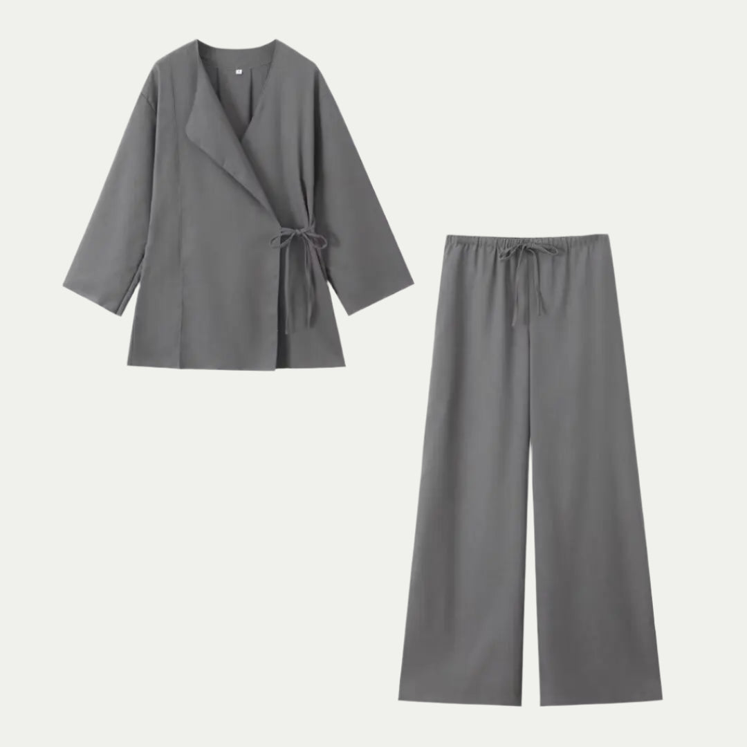 Randimo | Women's Summer Linen Shirt Set  Belted Kimono Top + High Waist Pleated Pants 2-Piece Set