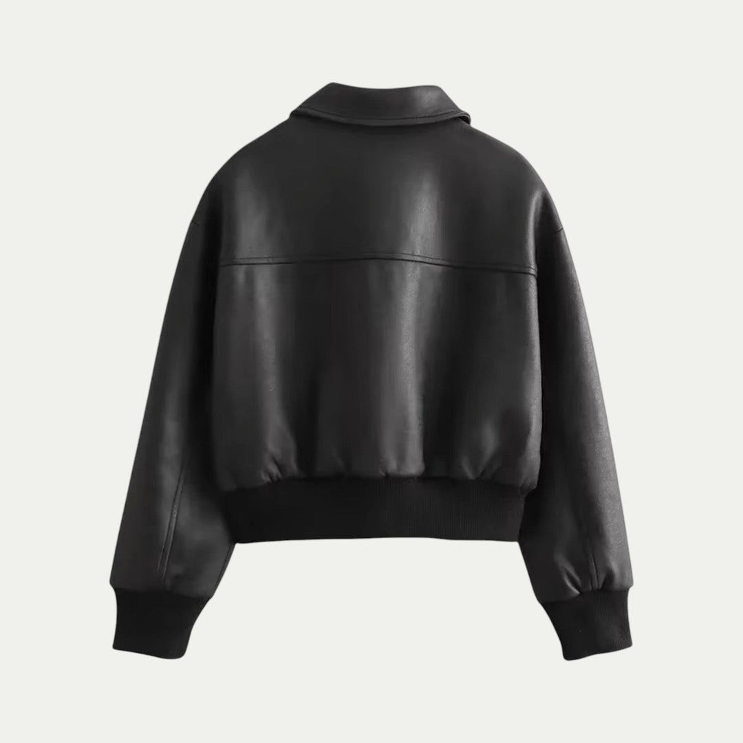 Randimo | Women Cropped Leather Bomber Jacket Black