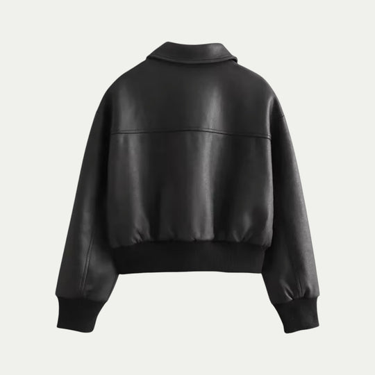 Randimo | Women Cropped Leather Bomber Jacket Black