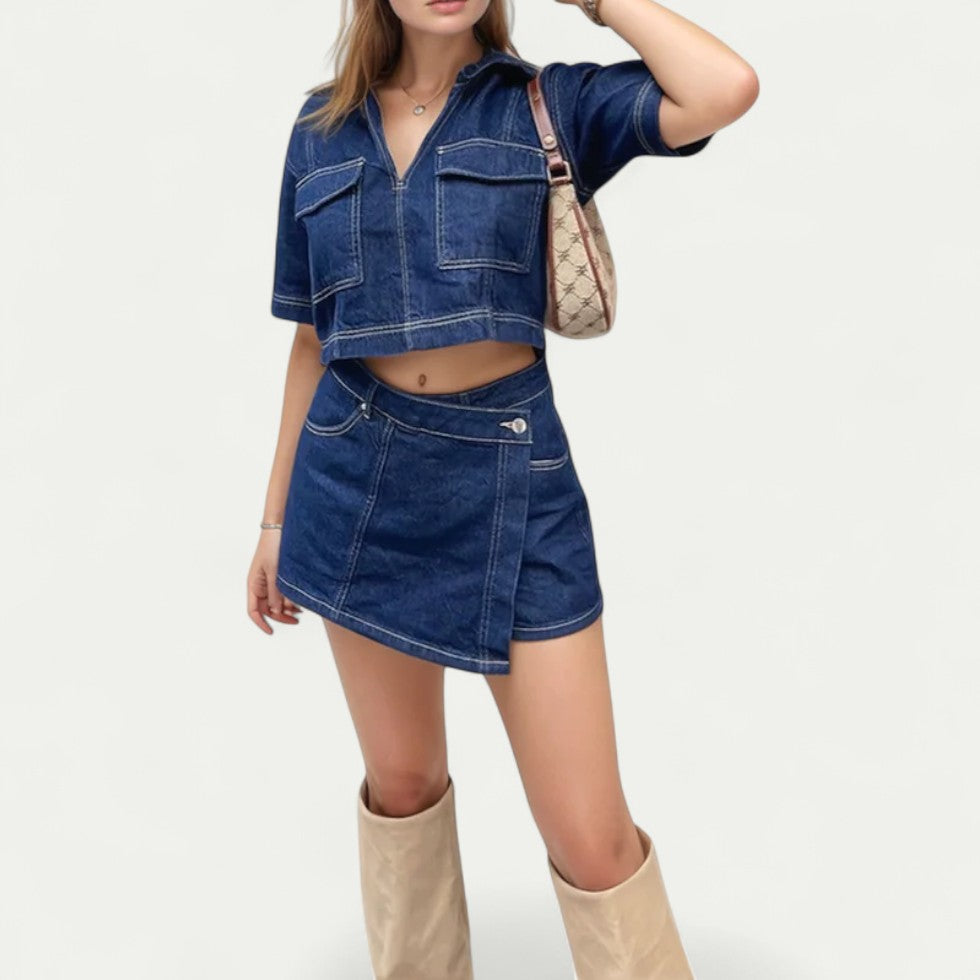 Cotton Blend Denim Co Ord Set with Zip Top and Mini Skirt