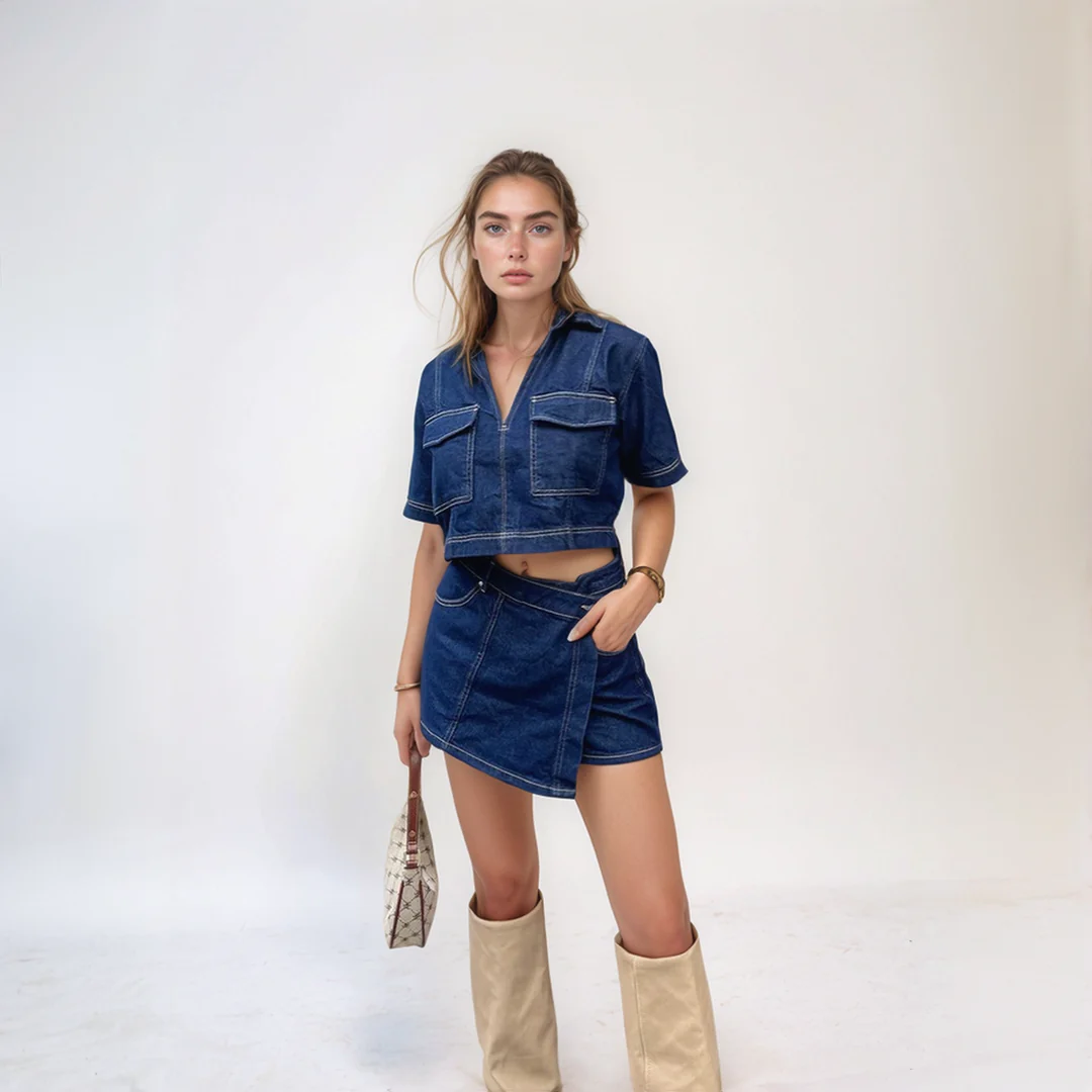 Cotton Blend Denim Co Ord Set with Zip Top and Mini Skirt