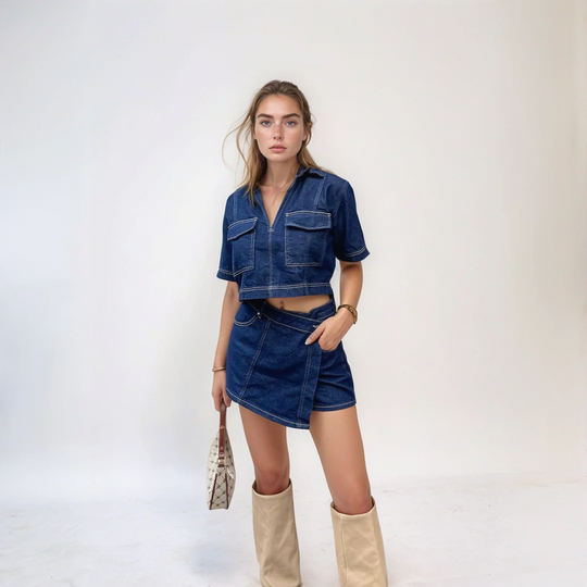 Cotton Blend Denim Co Ord Set with Zip Top and Mini Skirt
