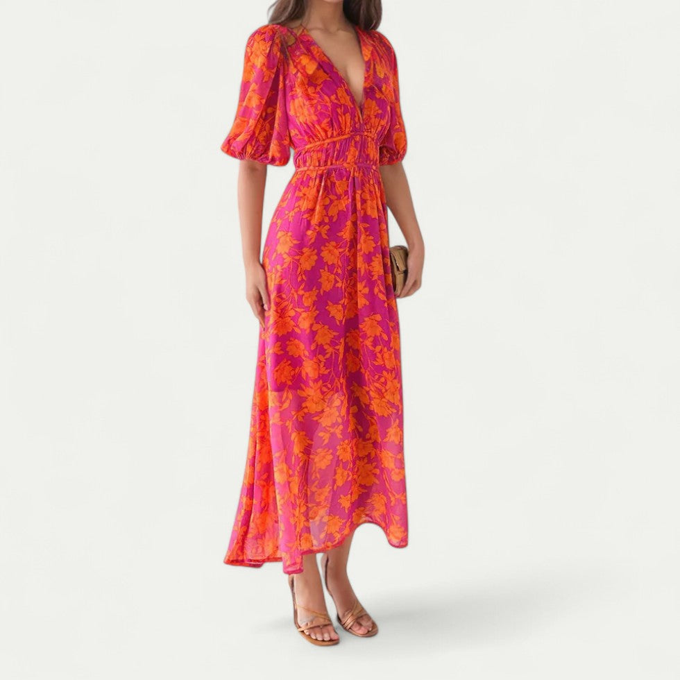 Floral Puff Sleeve Maxi Dress for Summer Events