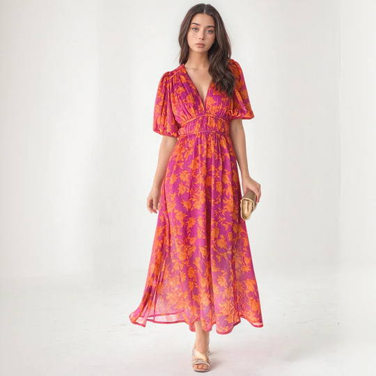 Floral Puff Sleeve Maxi Dress for Summer Events