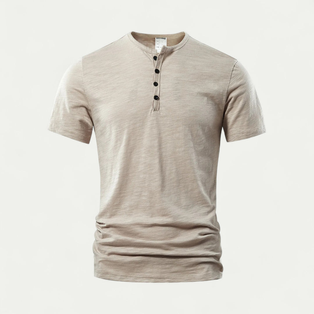 Men Short Sleeve Cotton T Shirt with Henry Neck for Summer