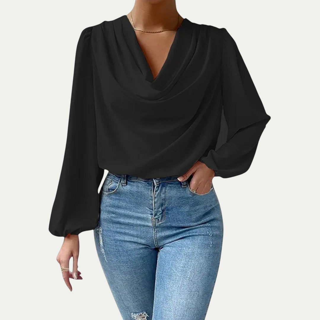 Women Loose Fit Chiffon V Neck Long Sleeve Blouse