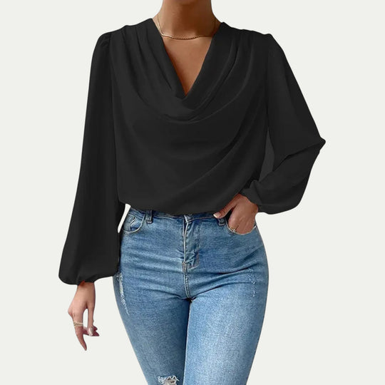 Women Loose Fit Chiffon V Neck Long Sleeve Blouse