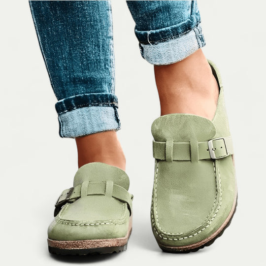 Comfort Suede Mules with Buckle Detail