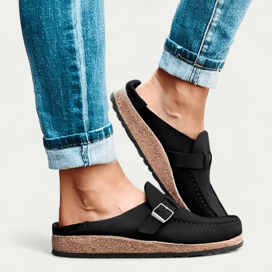 Comfort Suede Mules with Buckle Detail