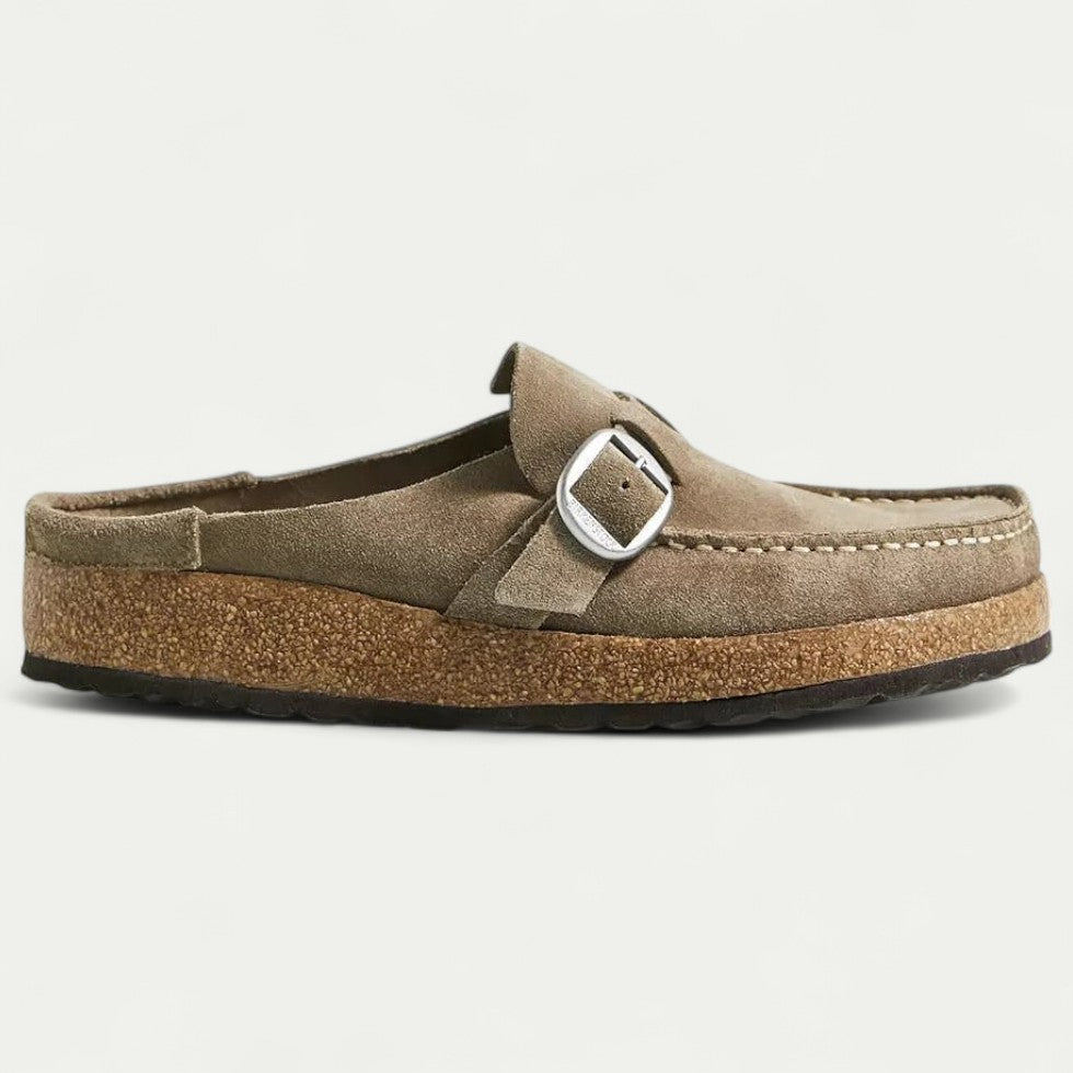 Comfort Suede Mules with Buckle Detail
