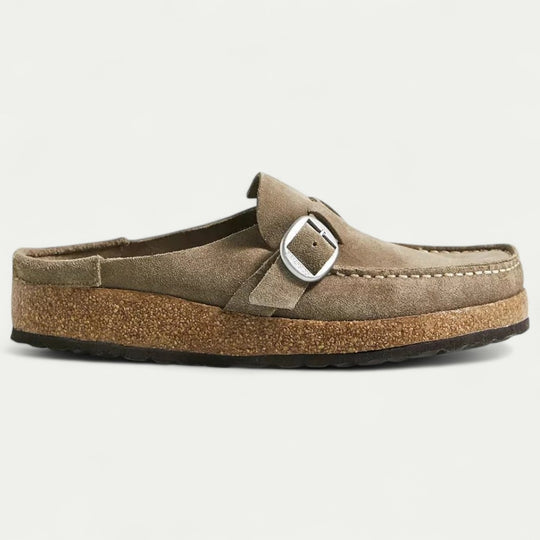 Comfort Suede Mules with Buckle Detail