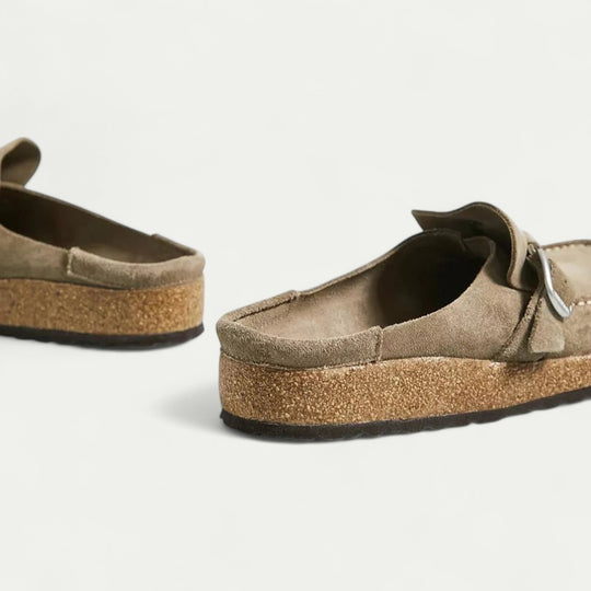 Comfort Suede Mules with Buckle Detail