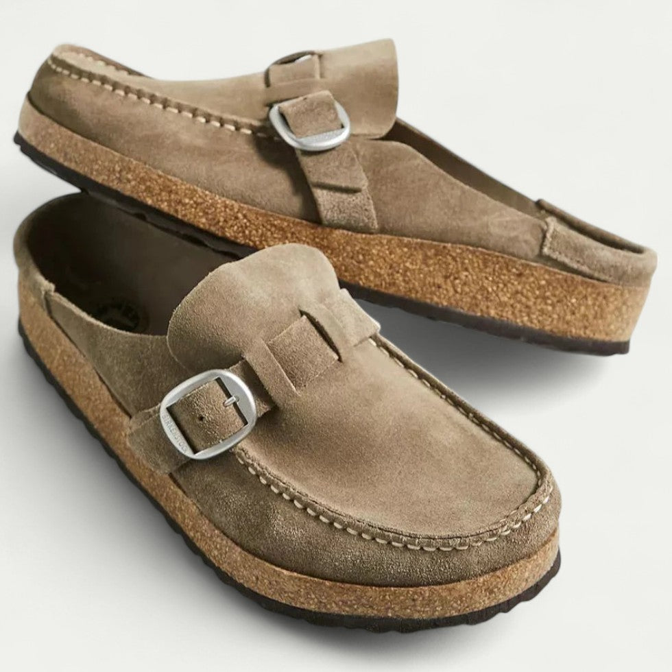 Comfort Suede Mules with Buckle Detail
