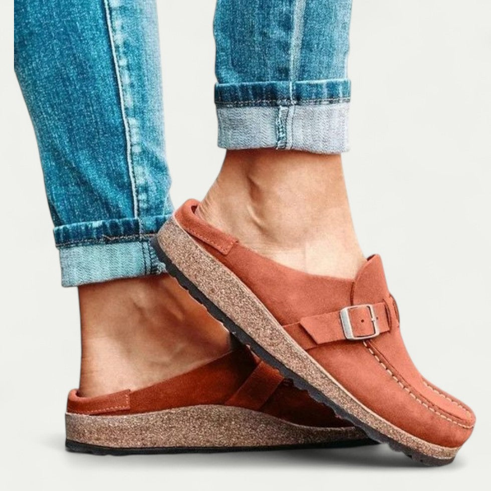 Comfort Suede Mules with Buckle Detail