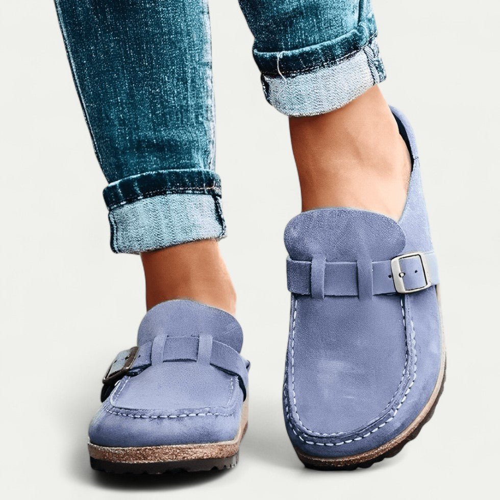 Comfort Suede Mules with Buckle Detail