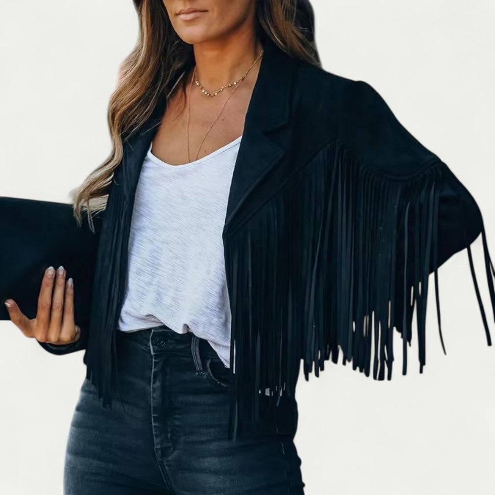 Women’s Fringe Jacket Western Style with Lapel Collar
