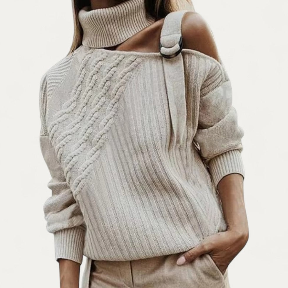 Cold Shoulder Cable Knit Turtleneck Jumper for Women