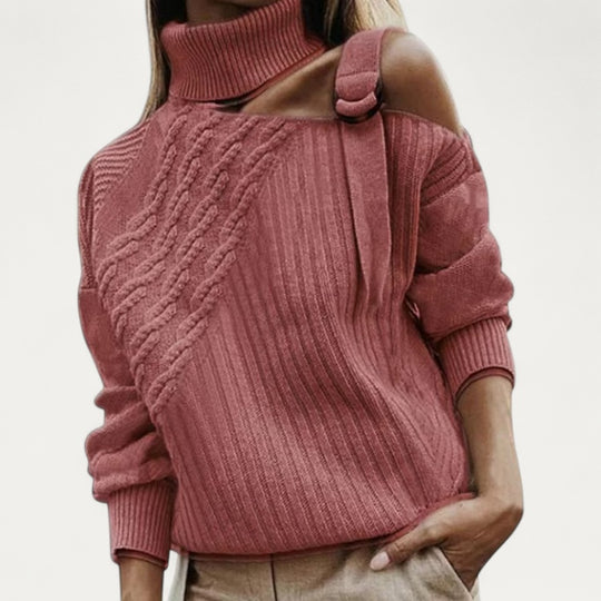 Cold Shoulder Cable Knit Turtleneck Jumper for Women