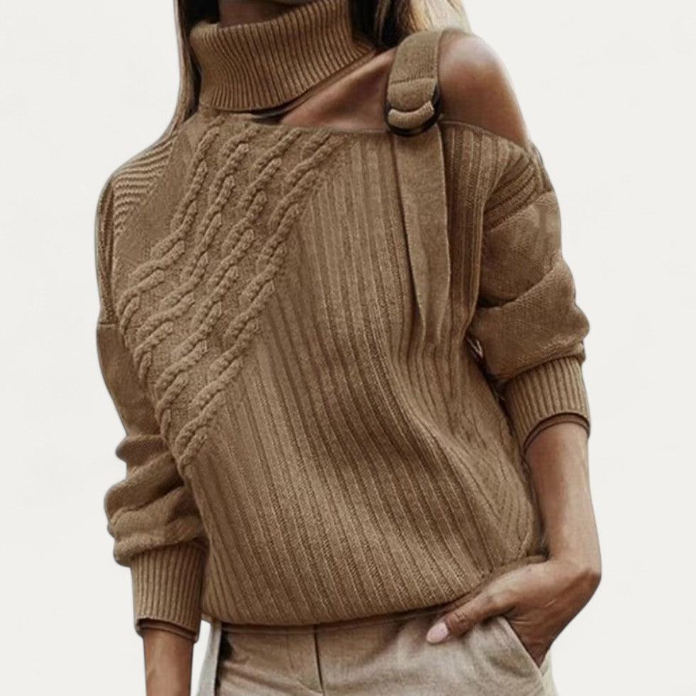 Cold Shoulder Cable Knit Turtleneck Jumper for Women