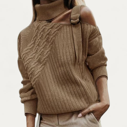 Cold Shoulder Cable Knit Turtleneck Jumper for Women