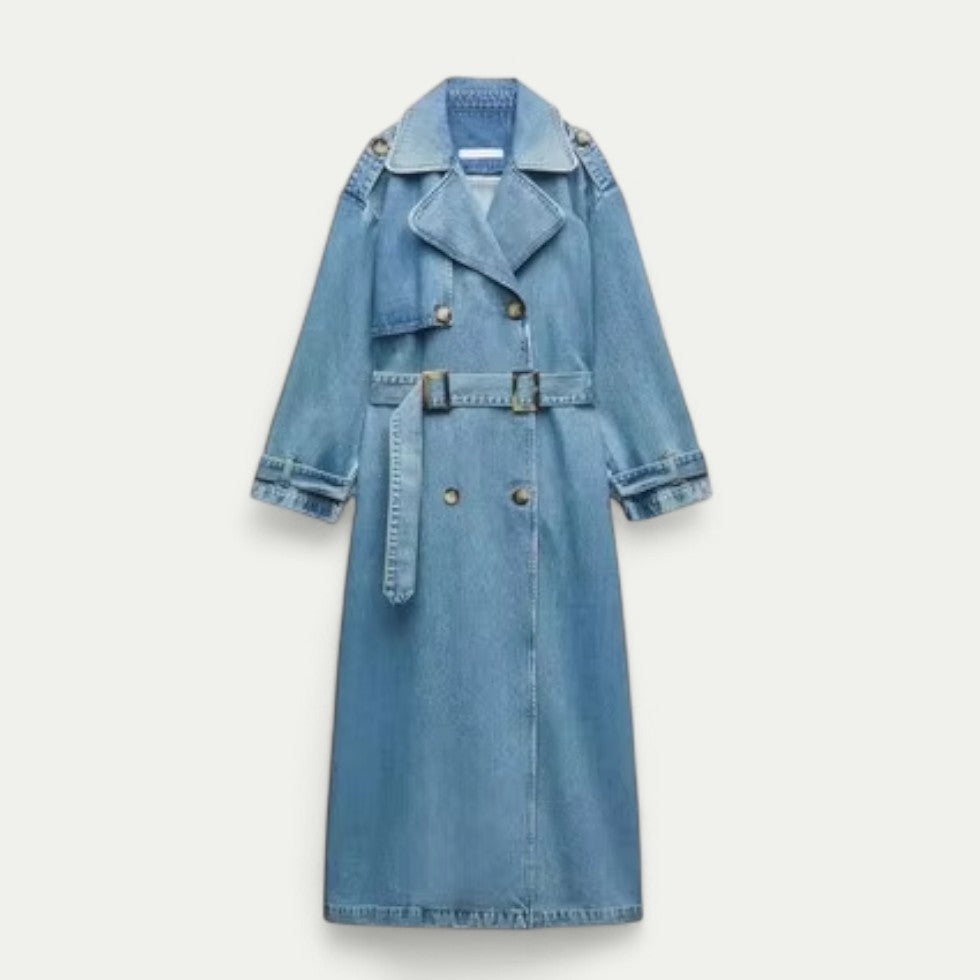 Women's Long Denim Trench Coat Casual Oversized Jacket