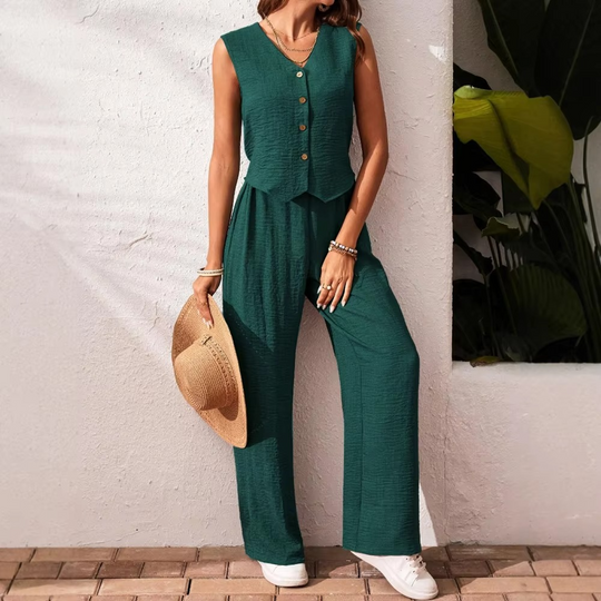 Sleeveless Cotton Blend Button Front Wide Leg Summer Jumpsuit
