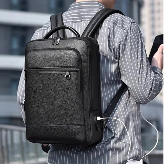 Executive PU Leather Laptop Backpack with USB Charging Port