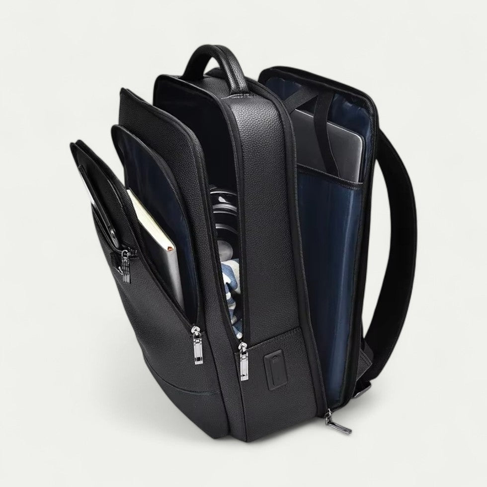 Executive PU Leather Laptop Backpack with USB Charging Port