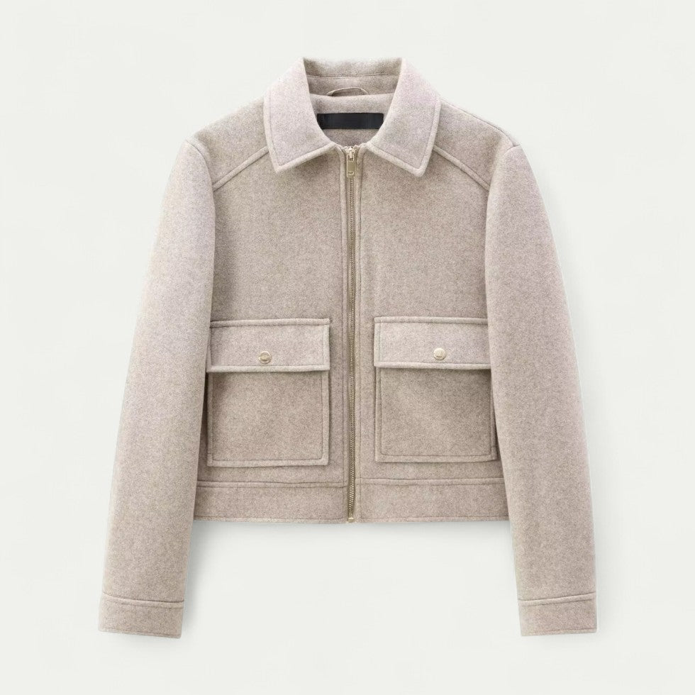 Women's Wool Zip Up Short Jacket with Long Sleeves and Pockets