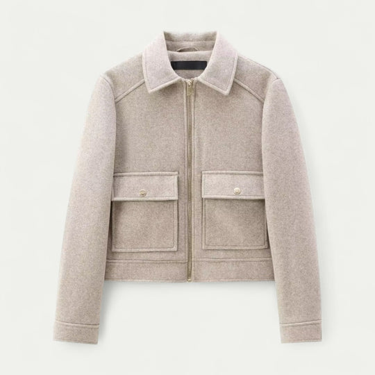 Women's Wool Zip Up Short Jacket with Long Sleeves and Pockets