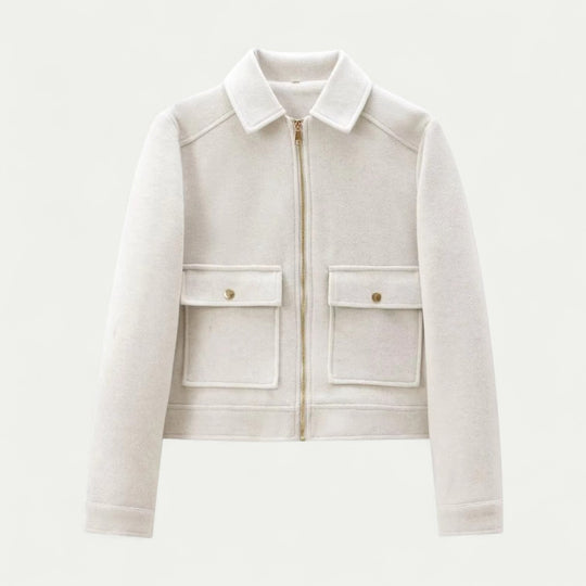 Women's Wool Zip Up Short Jacket with Long Sleeves and Pockets