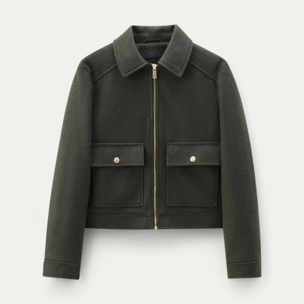 Women's Wool Zip Up Short Jacket with Long Sleeves and Pockets