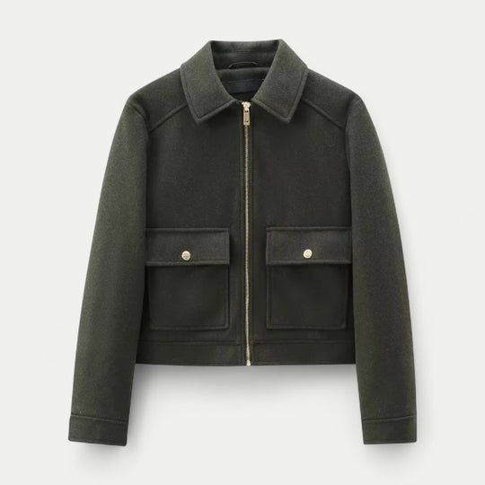 Women's Wool Zip Up Short Jacket with Long Sleeves and Pockets